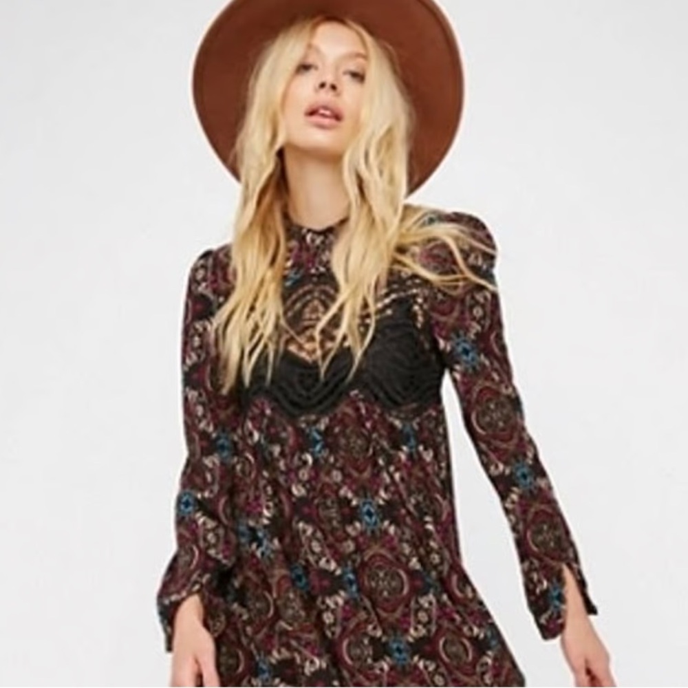 Free People Bohemian Paisley Fall Dress with Lace Detail NWT - Picture 11 of 11